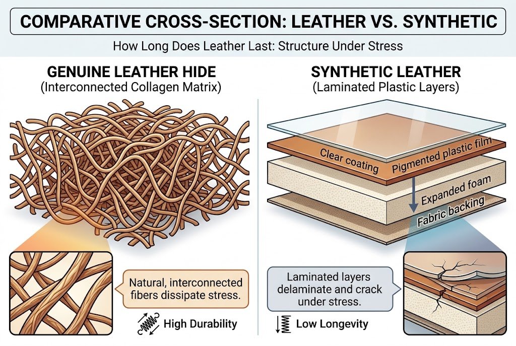A visual diagram comparing hide fibers to synthetics to show how long does leather last under continuous stress