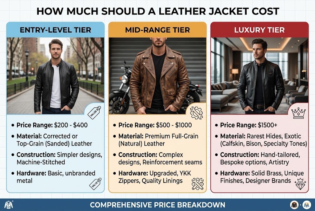 A comprehensive price tier breakdown showing how much should a leather jacket cost across entry-level, mid-range, and luxury tiers