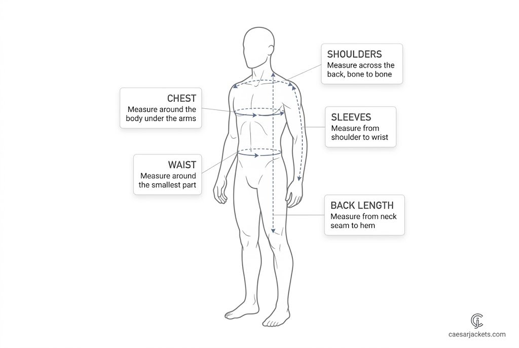 An anatomical illustration demonstrating how to measure for a leather jacket across chest, shoulder, sleeve, and waist points