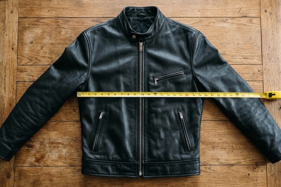 A top-down view of a flat-laid coat illustrating how to measure for a leather jacket seam to seam.