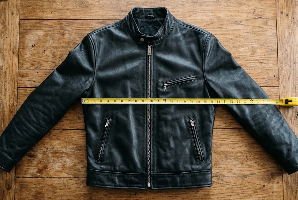 A top-down view of a flat-laid coat illustrating how to measure for a leather jacket seam to seam.