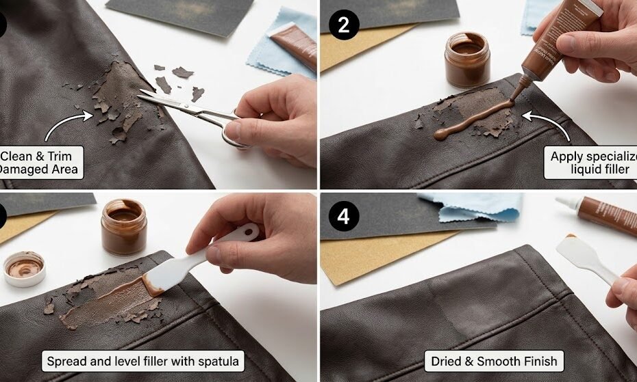 A detailed step-by-step tutorial demonstrating how to repair faux leather jacket peeling using liquid filler and a spreading spatula