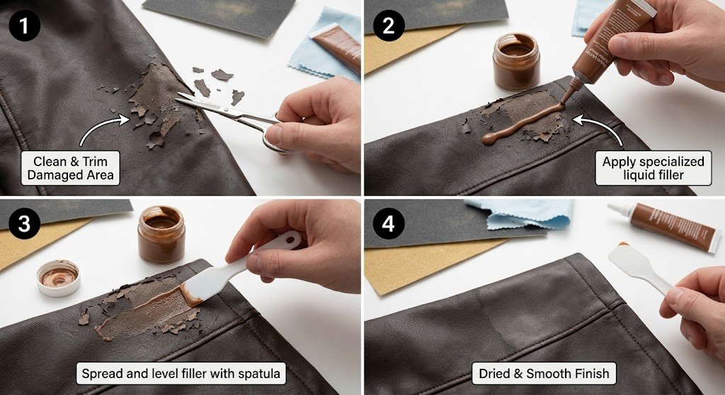 A detailed step-by-step tutorial demonstrating how to repair faux leather jacket peeling using liquid filler and a spreading spatula