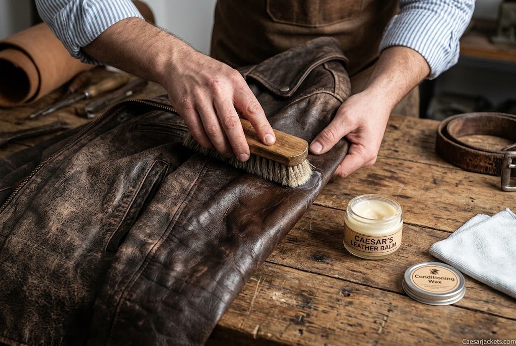 A detailed tutorial demonstrating how to restore old leather on a vintage brown jacket using a horsehair brush and conditioning balm