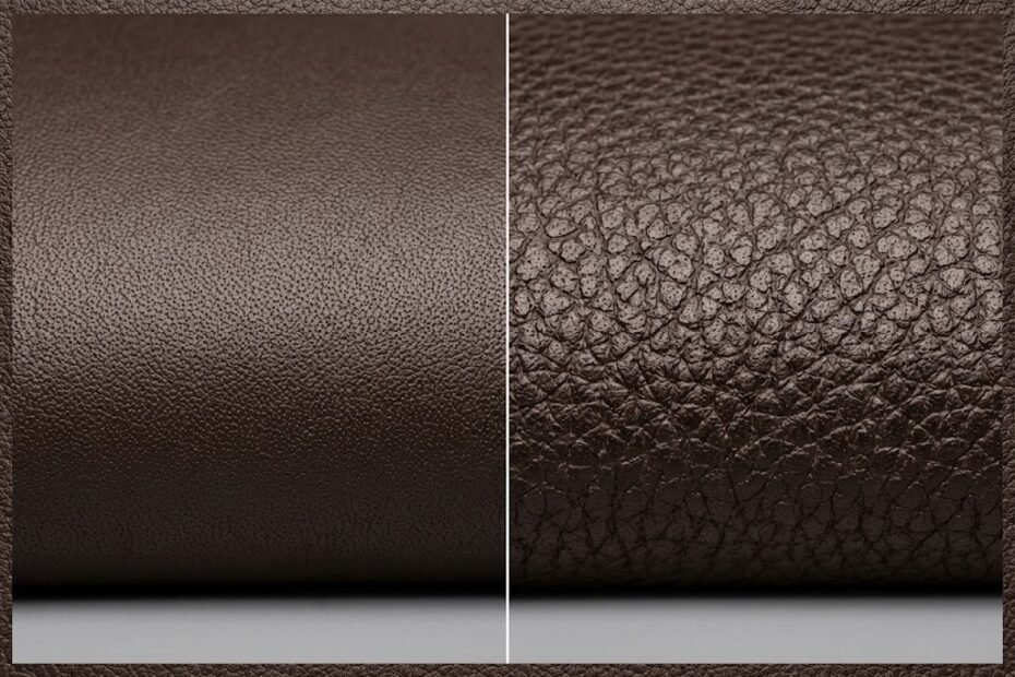 A detailed macro side-by-side comparison showing the surface grain of lamb leather vs cow leather jackets