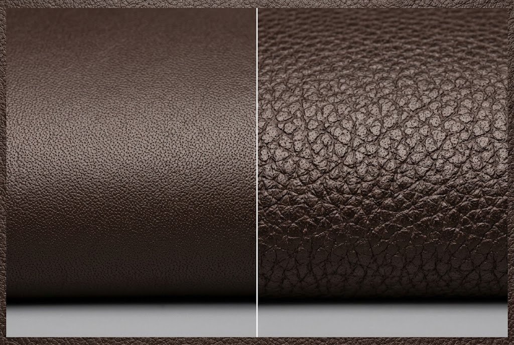 A detailed macro side-by-side comparison showing the surface grain of lamb leather vs cow leather jackets