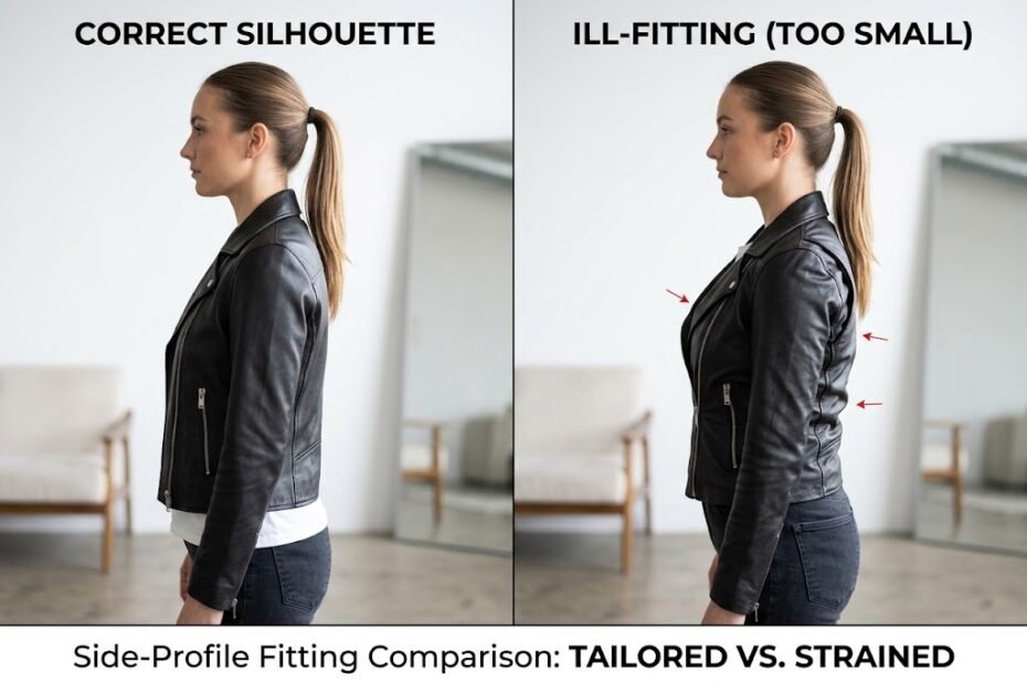 A side-profile fitting comparison demonstrating the correct silhouette in a womens jacket size guide.