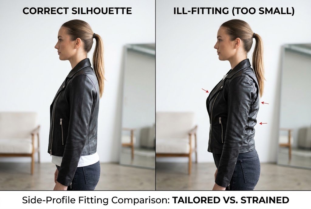 A side-profile fitting comparison demonstrating the correct silhouette in a womens jacket size guide.