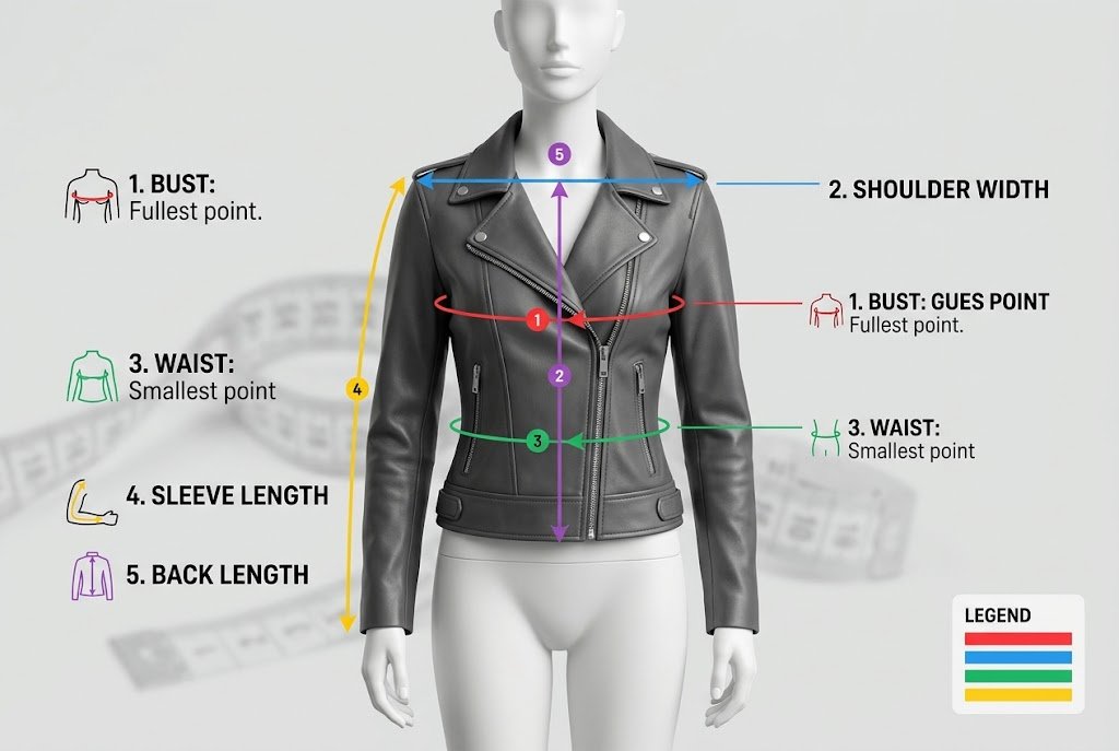 A visual measuring demonstration illustrating the essential points of a womens jacket size guide for bust, shoulders, waist, and sleeves.
