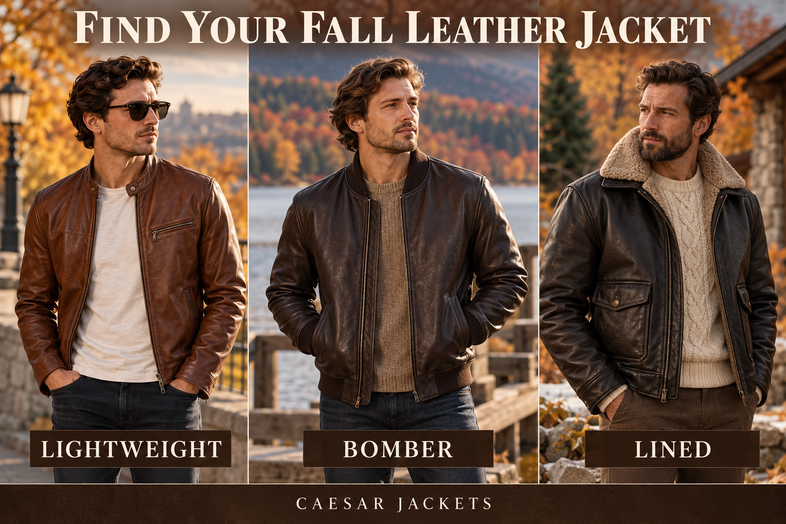 Best leather jacket for fall shown in lightweight, bomber, and lined styles