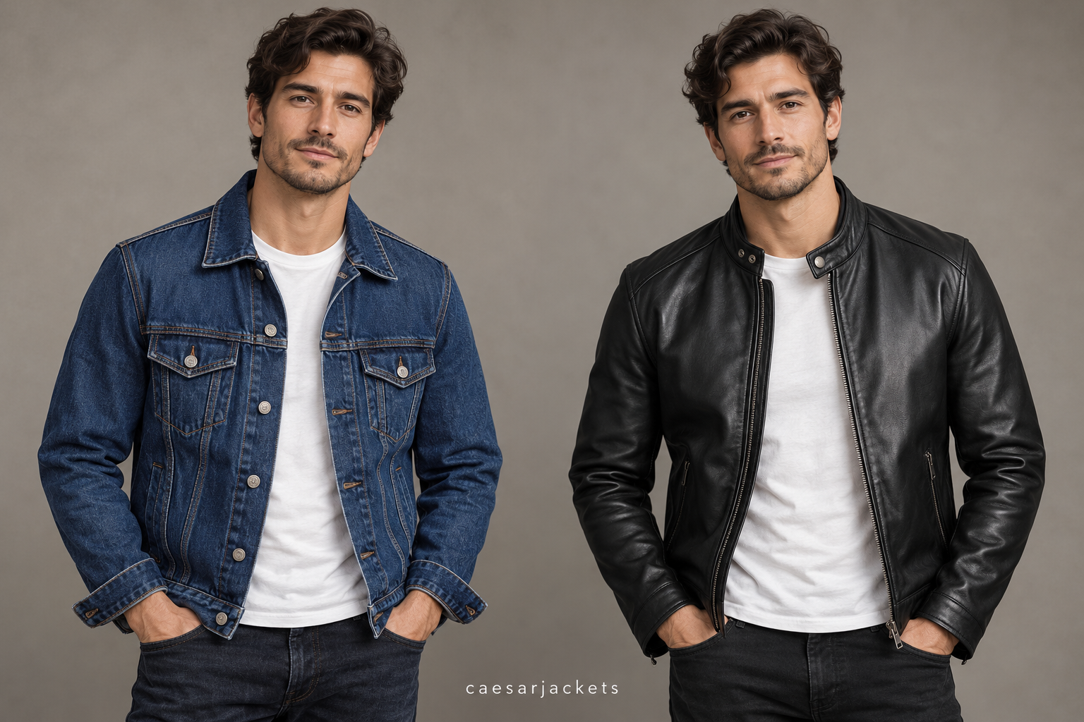 denim jacket vs leather jacket worn by the same model in a side-by-side comparison