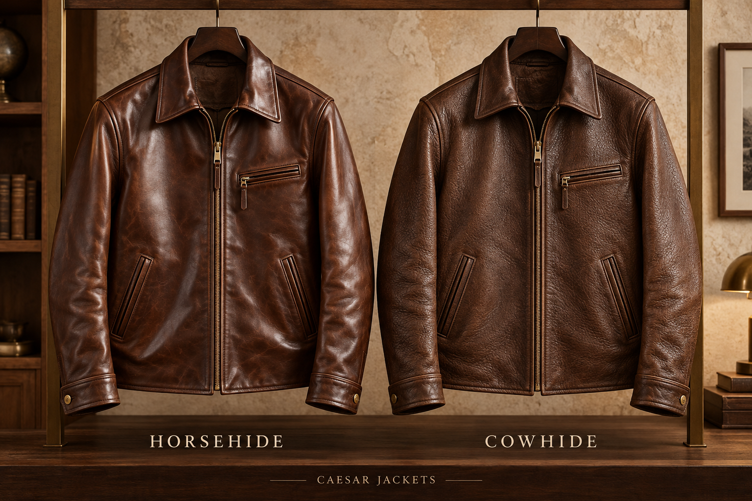 Horsehide vs cowhide jacket comparison showing two leather jackets with different finishes