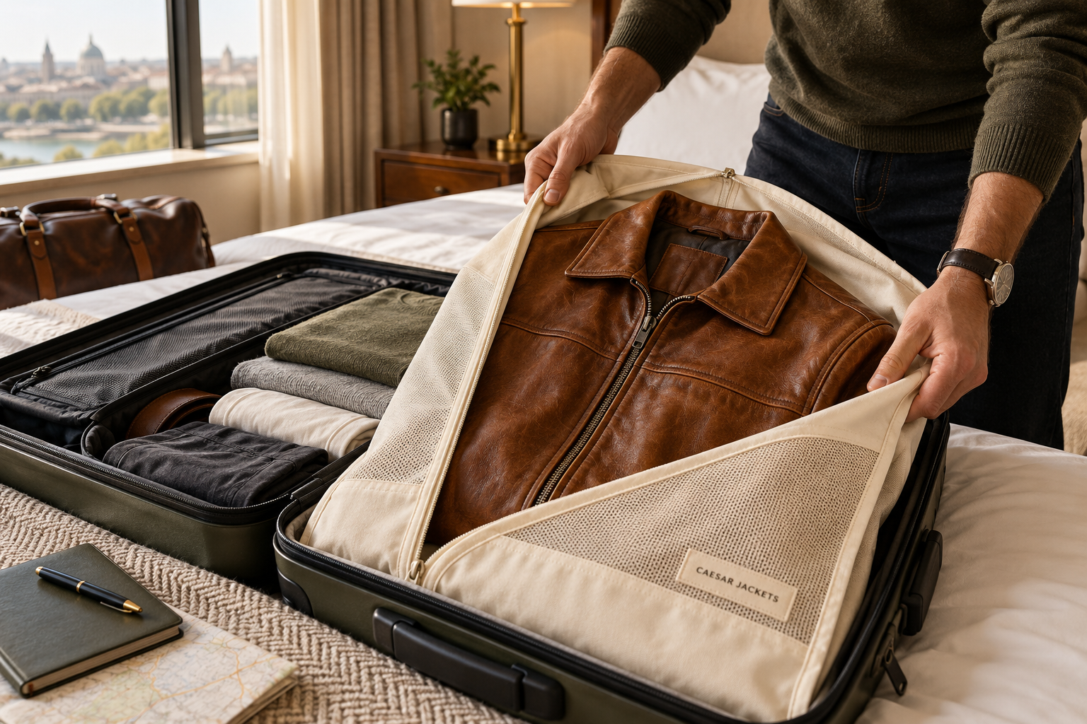 How to pack a leather jacket for travel using a breathable garment bag