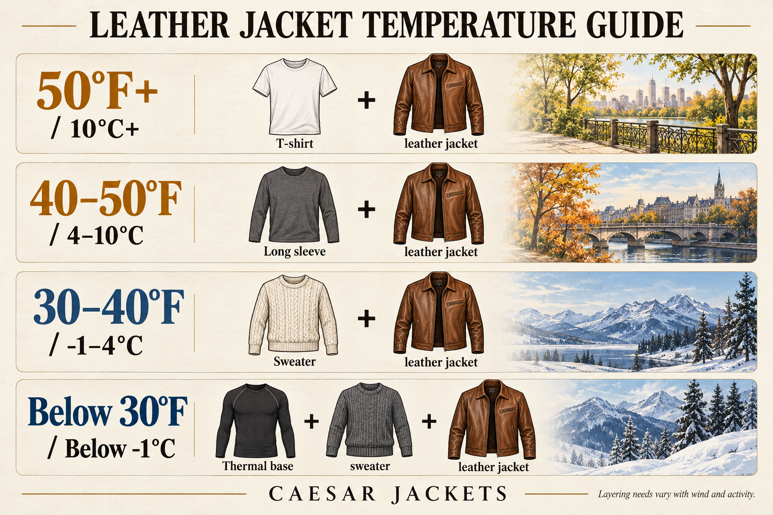 Leather jacket temperature guide chart showing suggested layers for different outdoor temperatures
